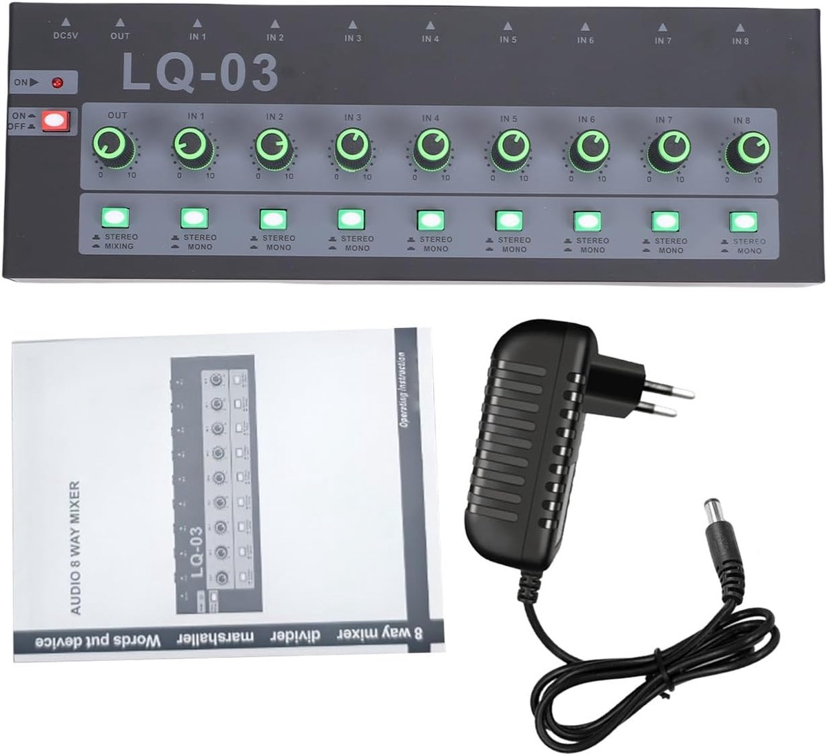8-kanaals Geluidsmixer - Studiomengpaneel Audio - Live Streaming Opnames - Metaal Robuust Chassis - 39 x 12 x 6 cm