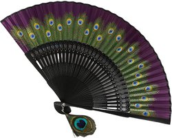 Fan - Chinese Handwaaier – Vintage Zijden Vouwfan met Pauwenveer Design – Opvouwbaar & Sierlijk – Vintage Stijl - 22cm