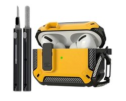 Geel robuust hoesje voor oordopjes met carbon look geschikt voor AirPods Pro 3 inclusief schoonmaakset en karabijnhaak – schokbestendig en duurzaam