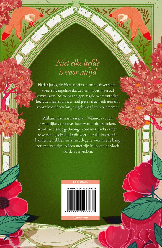 Boek met tekst en illustraties van rode bloemen en oranje vossen.