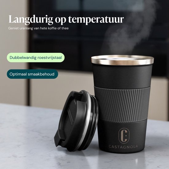 Castagnola Thermosbeker - Koffiebeker To Go - Travel Mug voor Koffie en Thee - Theebeker - 380 ML - RVS - Zwart
