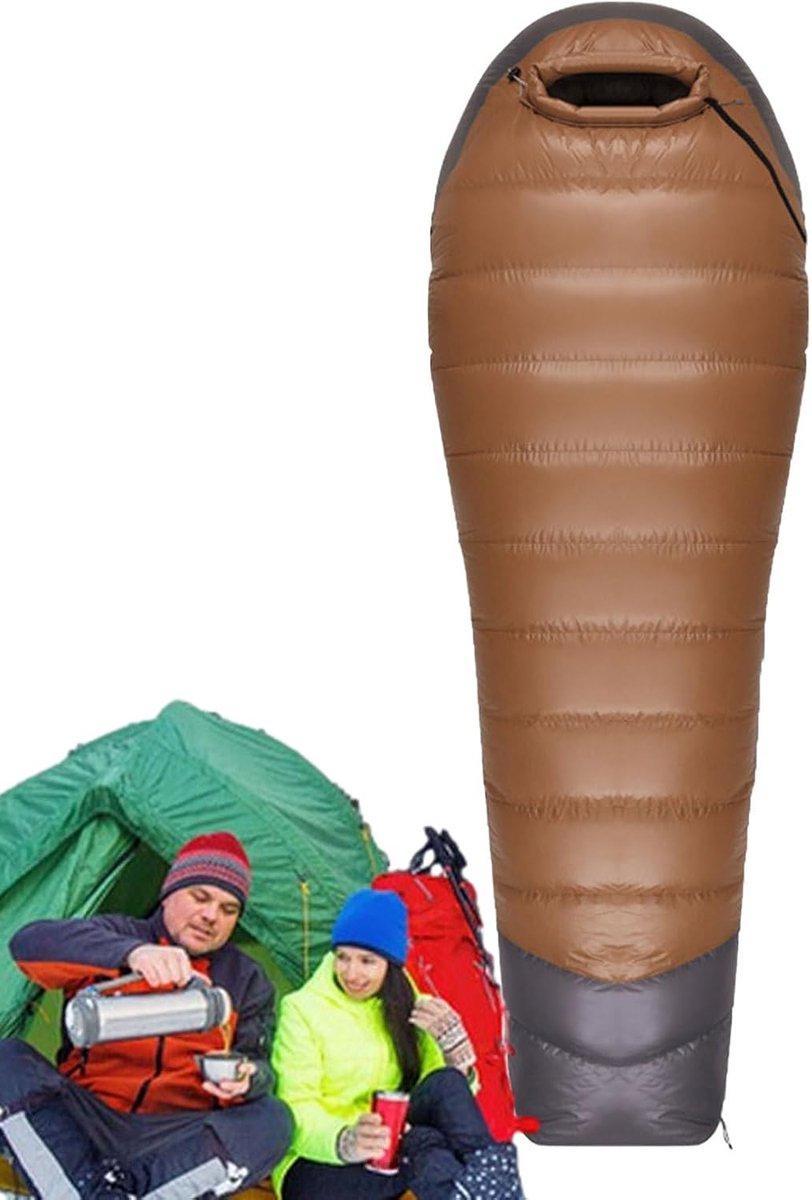 Donsslaapzak Koud Weer - Lichtgewicht Compact - Kamperen Outdoor - 95% Dons Vulling - Tot 1.8m - Koffie