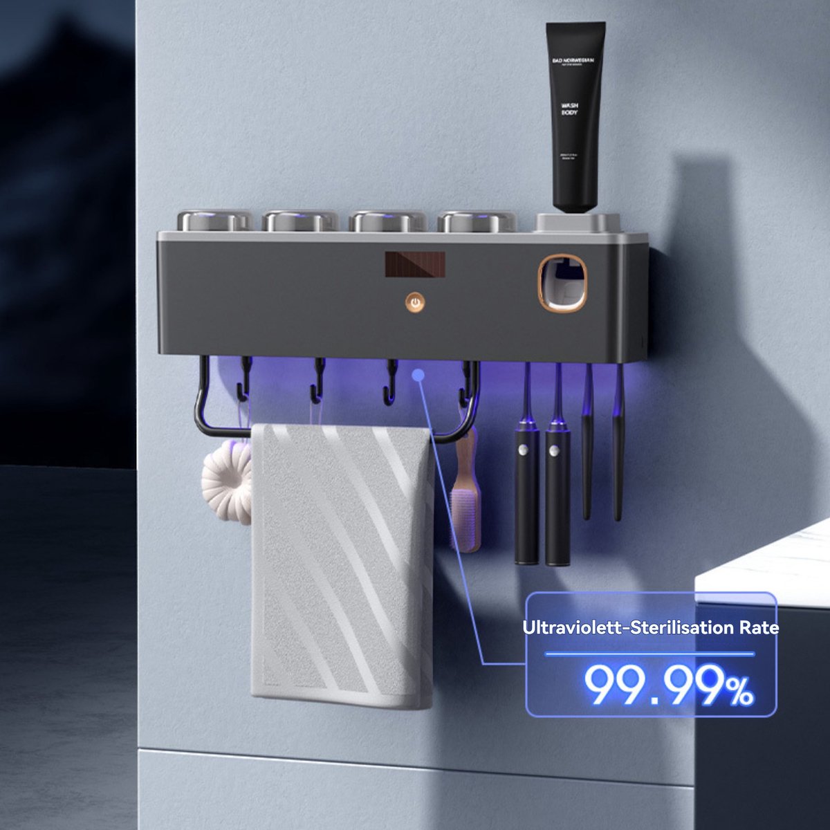 CHIWIN Slimme UV Tandenborstelhouder – Automatische Desinfectie & Tandpasta Dispenser – USB & Lichtopslag – Inclusief Haak en Handdoekhouder – Muurmontage Zonder Boren – Grijs