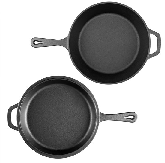 Ozocozy IRONCRAFT - Gietijzeren Pan 3L + 1,5L - 2-in-1 Braadpan – Preseasoned – PFAS-vrij – Geschikt Voor Alle Warmtebronnen - BBQ – Hittebestendig tot 260°C - Broodpan - Skillet - Ø20CM & Ø25CM