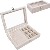 SNQ Sieradendoos - 9 compartimenten - Sieradenopbergdoos - Gevlokte sieradendoos - Met transparant deksel - Sieradenopberger - Displaylade - Ketting - Oorbel - Ring - Make-updoos (beige)