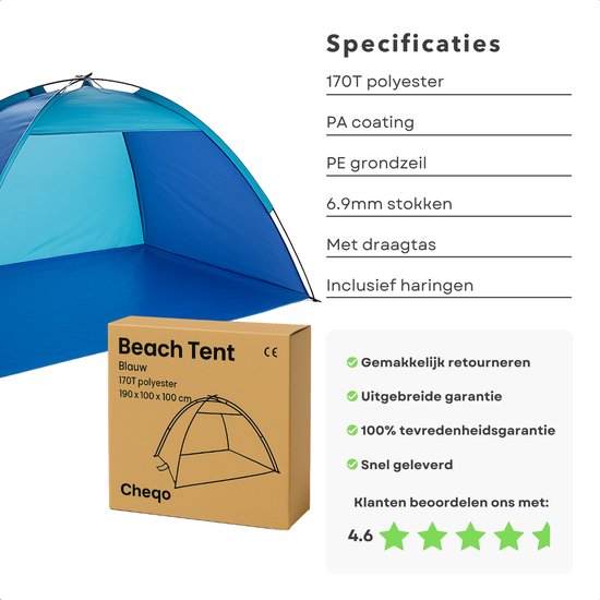 Een blauwe strandtent met de verpakking en specificaties.