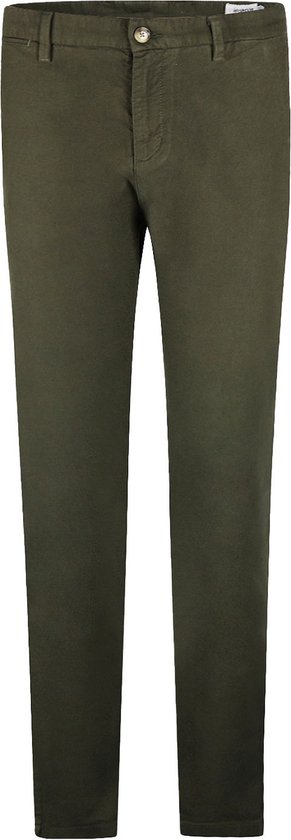 Voorkant van een effen groene chino broek met knoopsluiting.