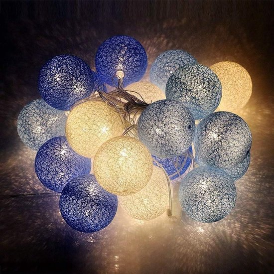 Lichtsnoer Binnen - 20 LED Katoenen Ballen Lichtsnoer met stekker - 8 modi - Cotton Ball Lights met afstandsbediening en timer - Lichtslinger voor Kinderkamer, Kerstmis, Bruiloft, Feest (Blauw)