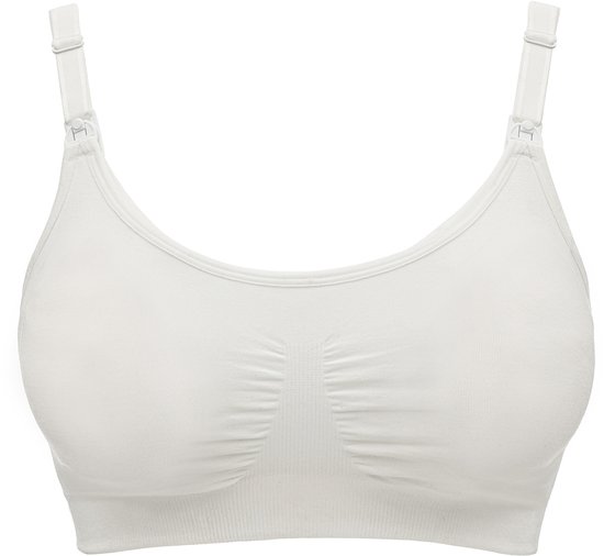 Witte voedingsbh met verstelbare bandjes en clips voor borstvoeding, op witte achtergrond.