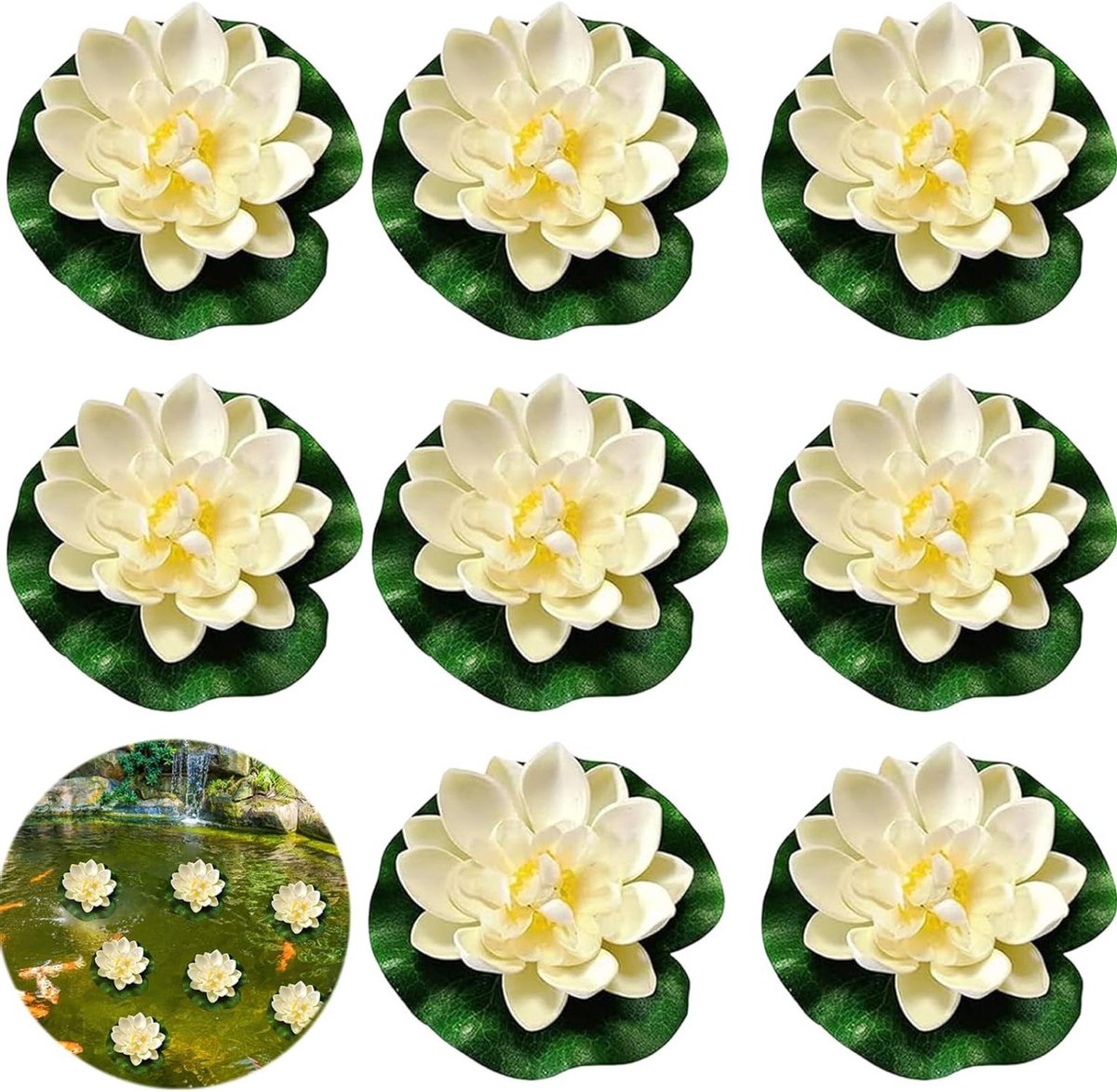 Allecto Plus - Kunstmatige Waterlelies Decoratie - Set van 8 stuks - Lotusbloem - Drijvende Bloemen - Vijver Decoratie - Binnenplaats Aquarium - Beek Scène - 10 cm