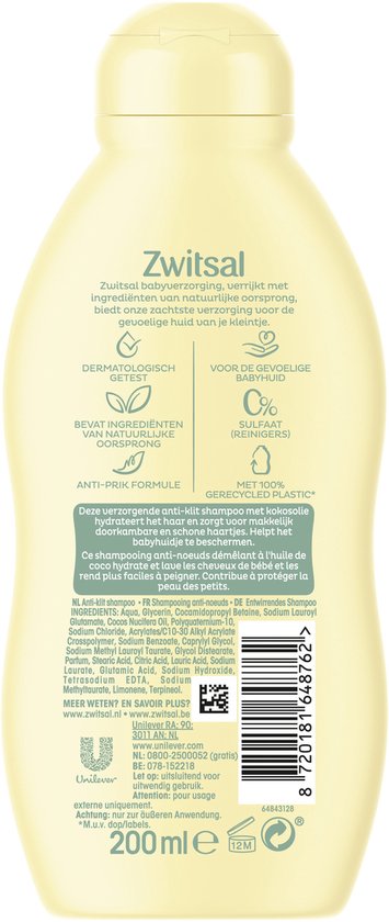 Achterkant van een fles Zwitsal anti-klit shampoo, met ingrediënten en gebruiksaanwijzing.