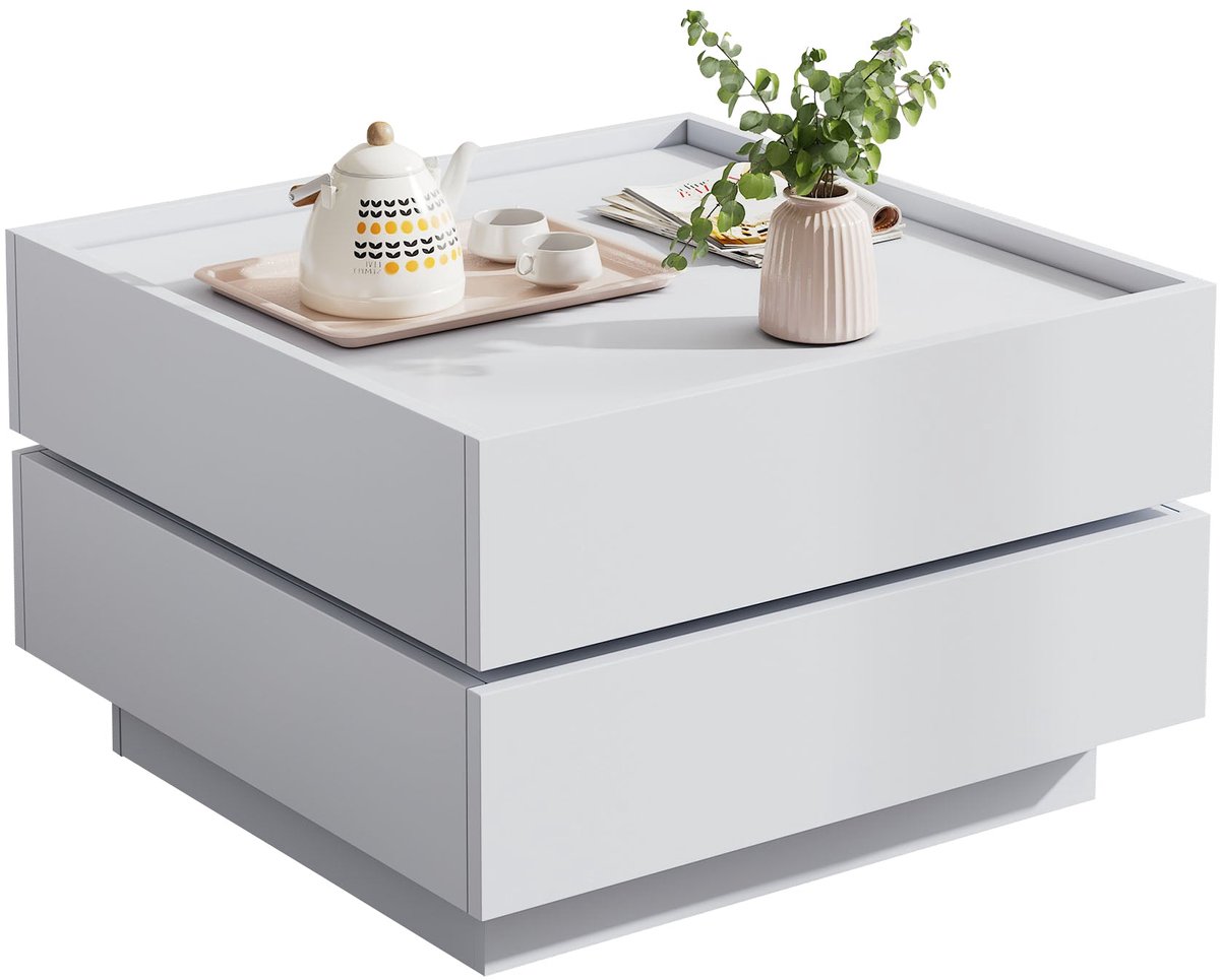 Merax Witte Salontafel 60x60 cm Draaibaar met Opbergruimte en 2 Lades – Vierkante Salontafel Modern Design voor Woonkamer