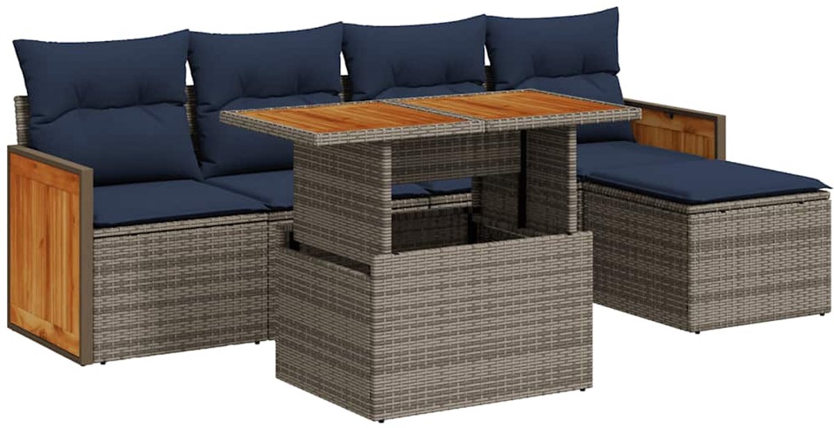 vidaXL 6-delige - Loungeset - met - kussens - poly - rattan - acacia - grijs