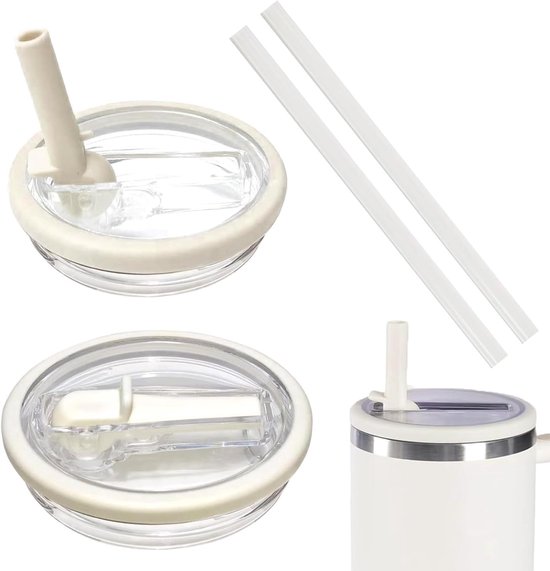 Ensemble d'accessoires pour tasses, 2 pièces, couvercle anti-fuite avec paille, compatible avec les tasses, couvercle à paille, accessoire pratique adapté à la tasse Stanley (blanc) - 40 oz - Anti-fuite - Blanc