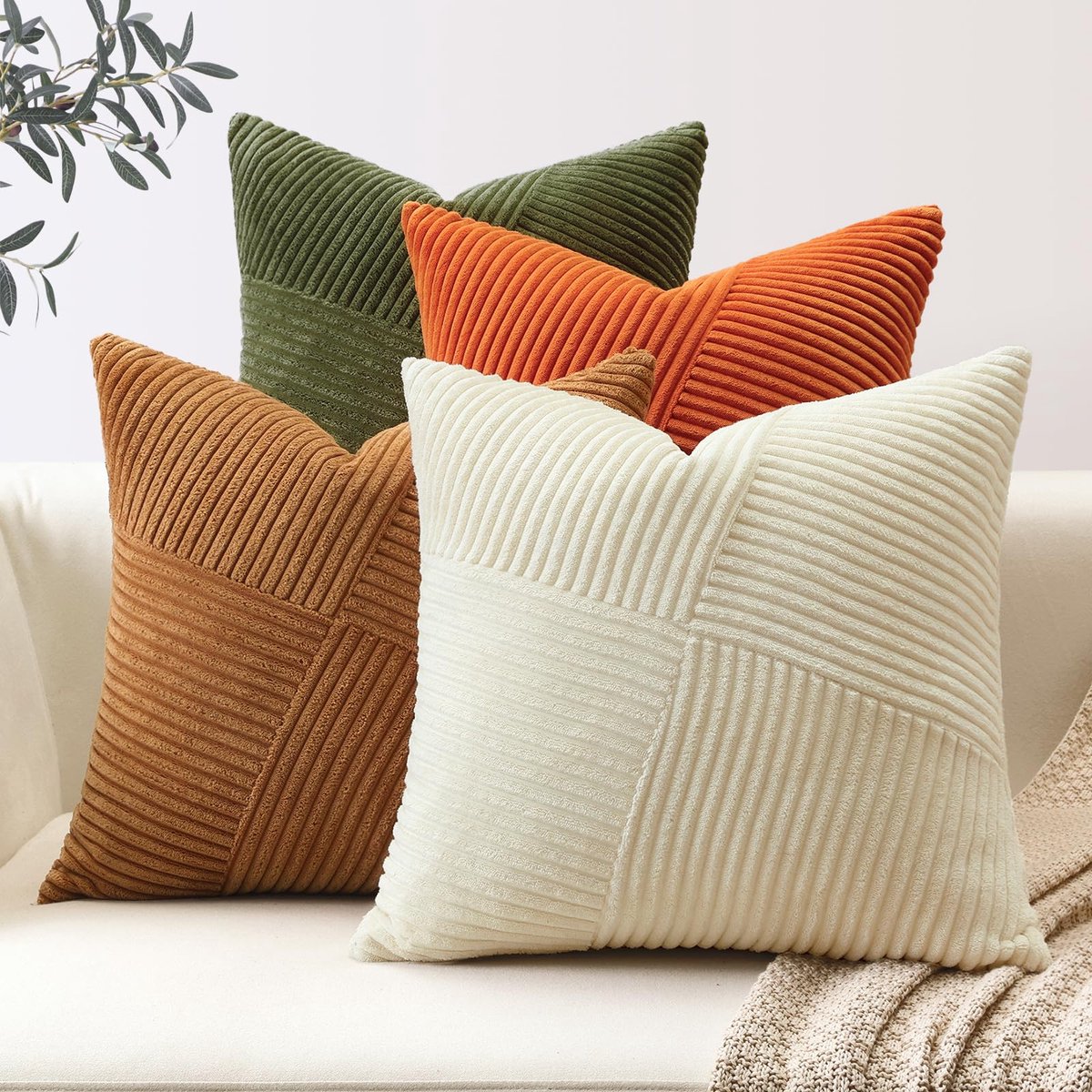 Unyqoos Set van 4 decoratieve kussenslopen in corduroy met unieke gestreepte textuur voor woonkamer en meer Rooster olijfgroen
