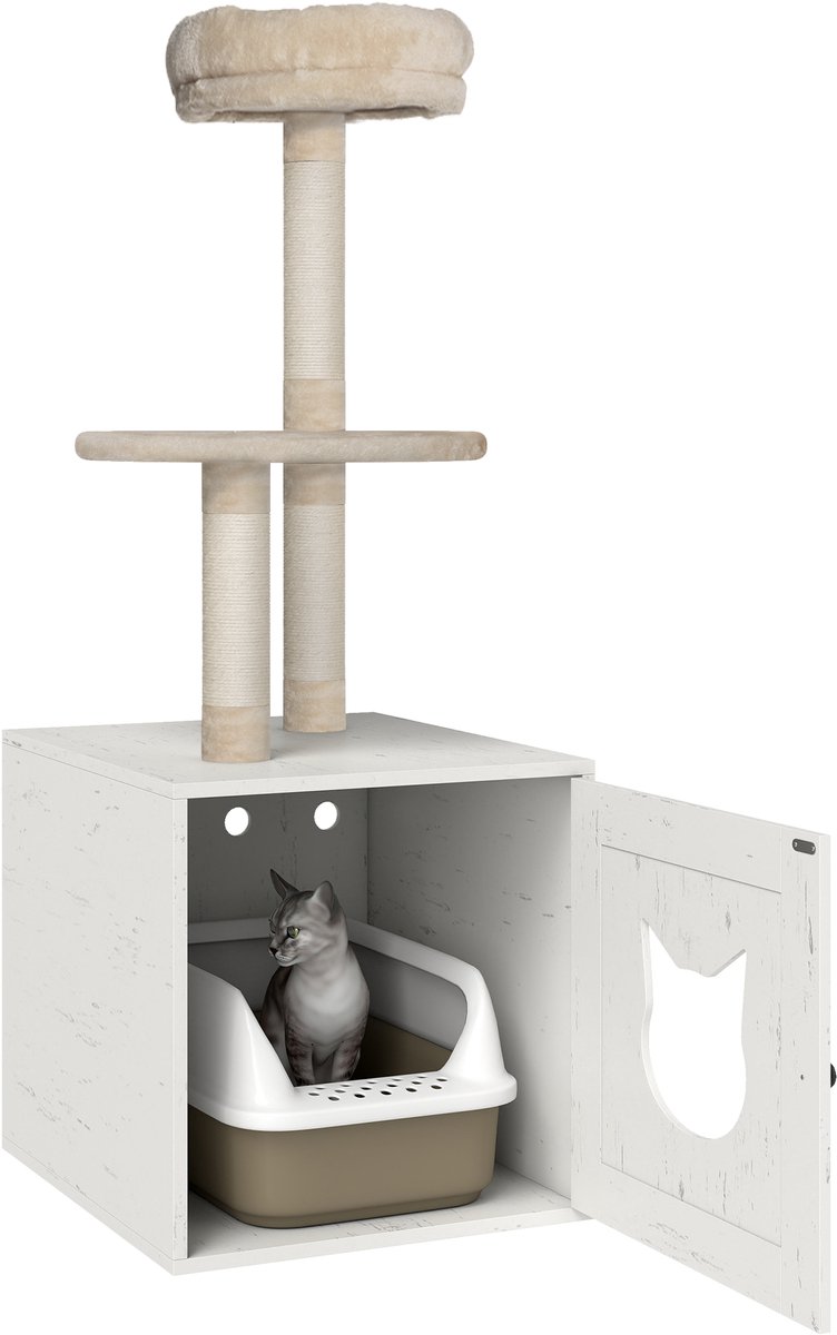 PawHut-kattenbakbehuizing-pluche, MDF-47x52x129cm-crème