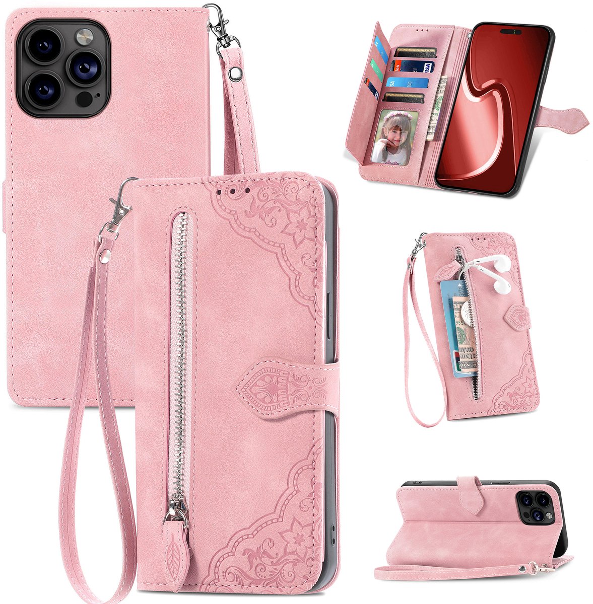 Hoesje geschikt voor iPhone 17 - Bookcase - Koord - Pasjeshouder - Portemonnee - Bloemenpatroon - Kunstleer - Roze