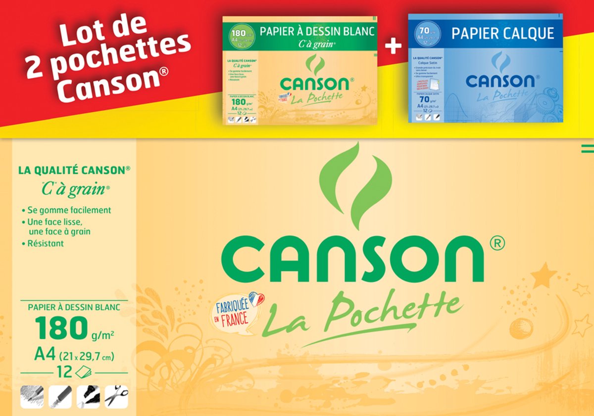 CANSON tekenpapier C à Grain, 240 x 320 mm, 180 g/m², 3 sets van 12 vel