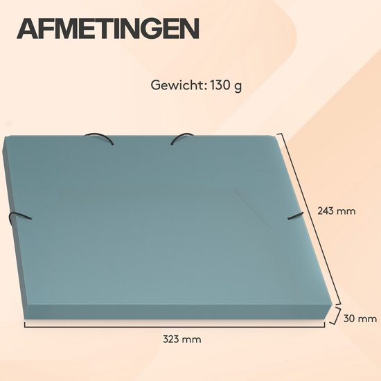Blauwe map met elastiek. Afmetingen 323 mm x 243 mm, dikte 30 mm. Gewicht 130g.