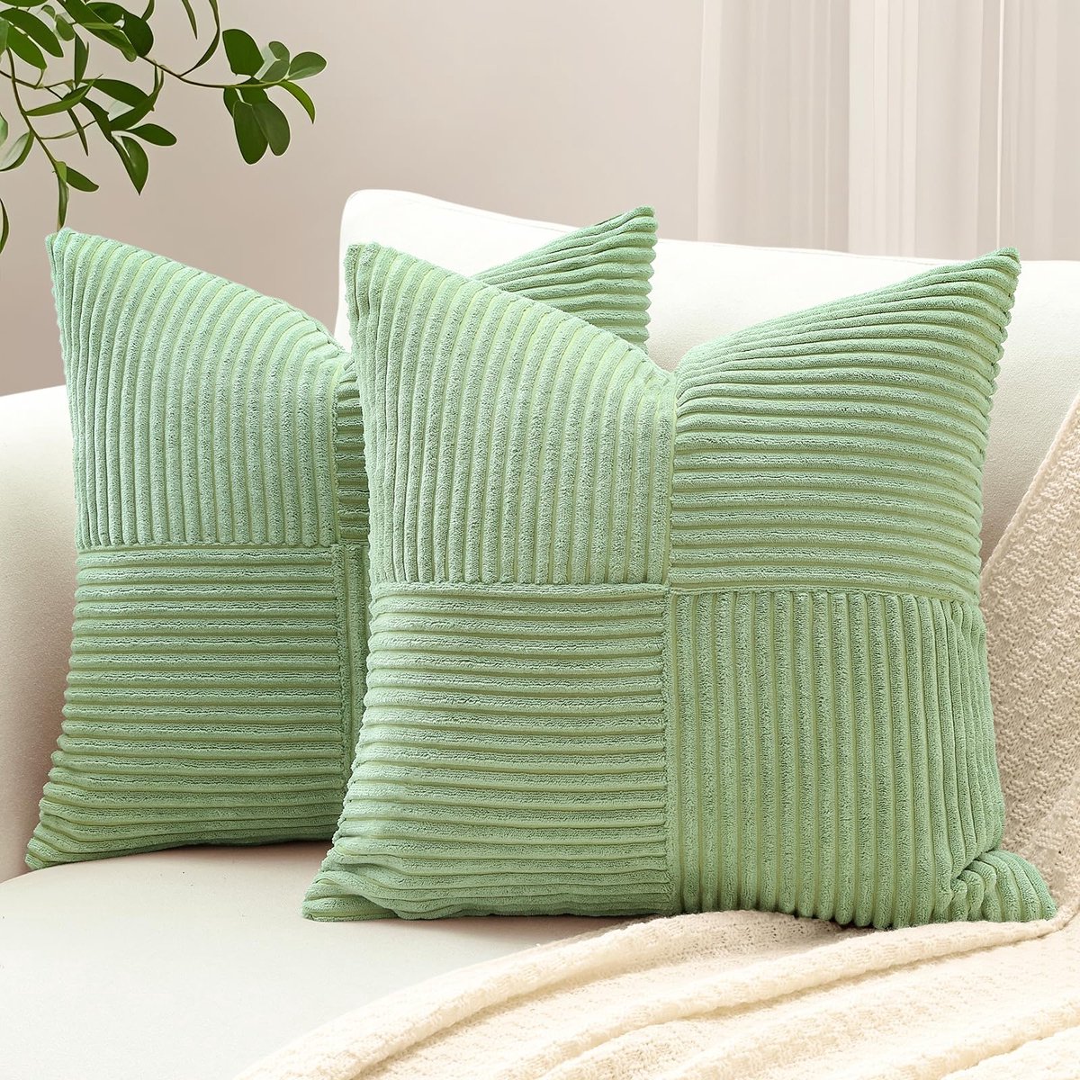 Unyqoos Set van 2 decoratieve kussenslopen met corduroy kruisstrepen patroon voor woonkamer 45x45 cm Salie groen