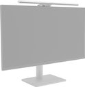 Zilverwitte BenQ Screenbar Pro monitorlamp verlicht een gesloten zwart computerscherm.