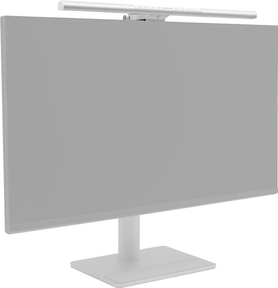Zilverwitte BenQ Screenbar Pro monitorlamp verlicht een gesloten zwart computerscherm.