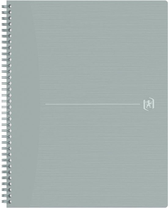 Lichtgrijs A4+ notitieboek met spiraalbinding, fijne horizontale lijntjes en een subtiel logo.