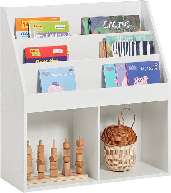 SoBuy Kinderboekenkast met 3 Opbergvakken en 2 Open Planken – Wit 73x30x80cm, KMB01-W – Boekenrek en Speelgoedkast