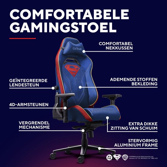 Blauwe Superman gaming stoel met rode en gele accenten, Superman logo, verstelbare lendensteun en armsteunen.