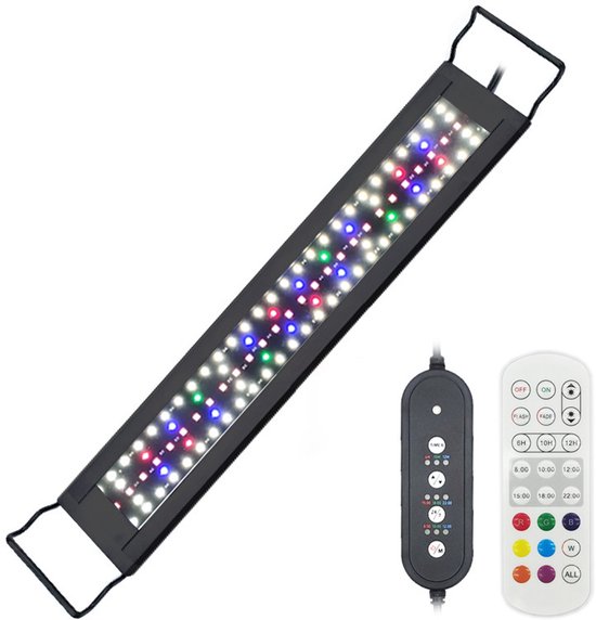 Lampe LED d'aquarium avec télécommande et contrôleur. Noir avec diverses lumières LED et poignées.