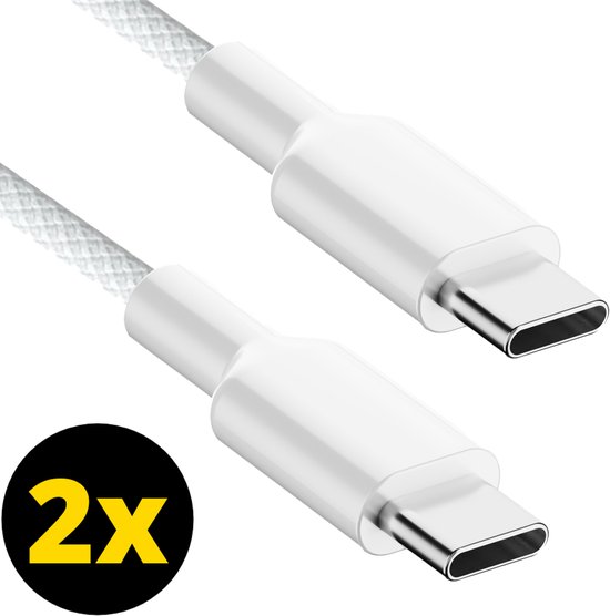 2x USB-C Oplader Kabel 60W - USB-C Naar USB-C Kabel - Oplaadkabel - Lader - Laadkabel - Universeel - Snellader - Wit - 1 Meter - Gevlochten