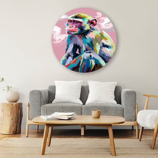 Kleurrijke apen portret - Aap rond schilderij - Wandbord dieren - Pop Art - Forex decoratie rond - Wandkunst - muurcirkel forex 100x100 cm