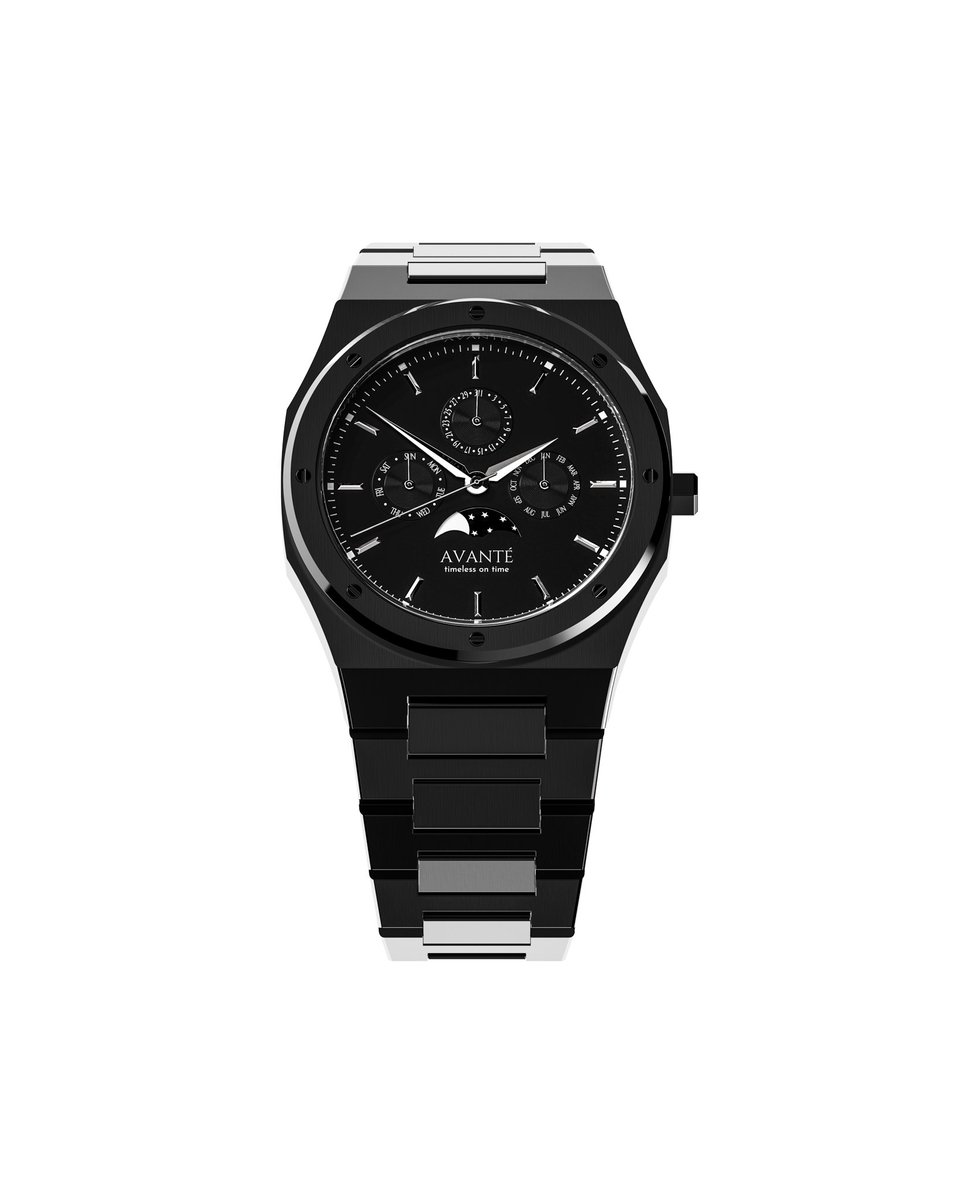 Avanté Watches - Lunar Line 40mm - Zwart - Maanfase - Roestvrij staal - Saffier glas