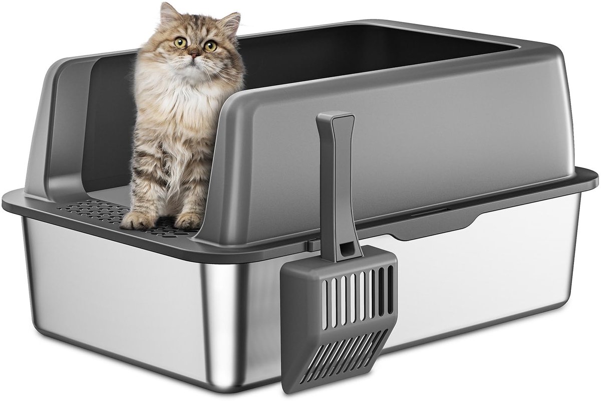 Zarler kattenbak van roestvrij staal met deksel, 61 L x 40,5 B x 30,5 H cm XXL kattenbak van roestvrij staal, kattenbak van roestvrij staal voor grote katten met hoge rand, metalen kattenbak, grijs, anti-kleef