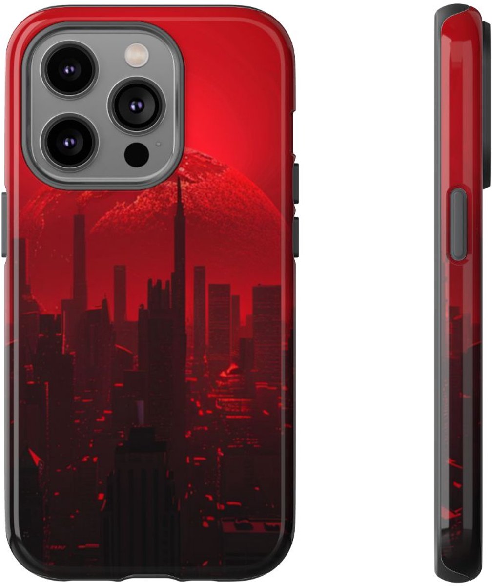 Futuristisch Stadsgezicht met Rode Planeet – Telefoonhoesje Geschikt voor iPhone 14 Pro