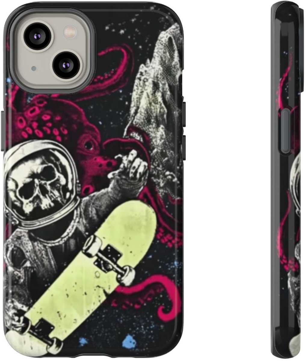Schedel-Astronaut met Skateboard en Octopus – Telefoonhoesje Geschikt voor iPhone 14