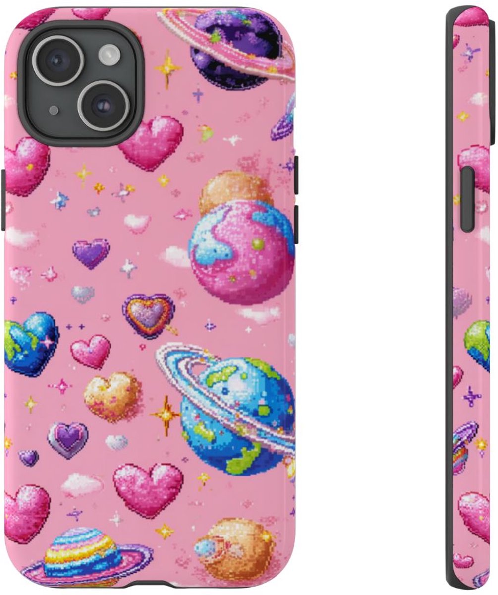 Pixel Art Harten en Planeten Patroon – Telefoonhoesje Geschikt voor iPhone 15 Plus