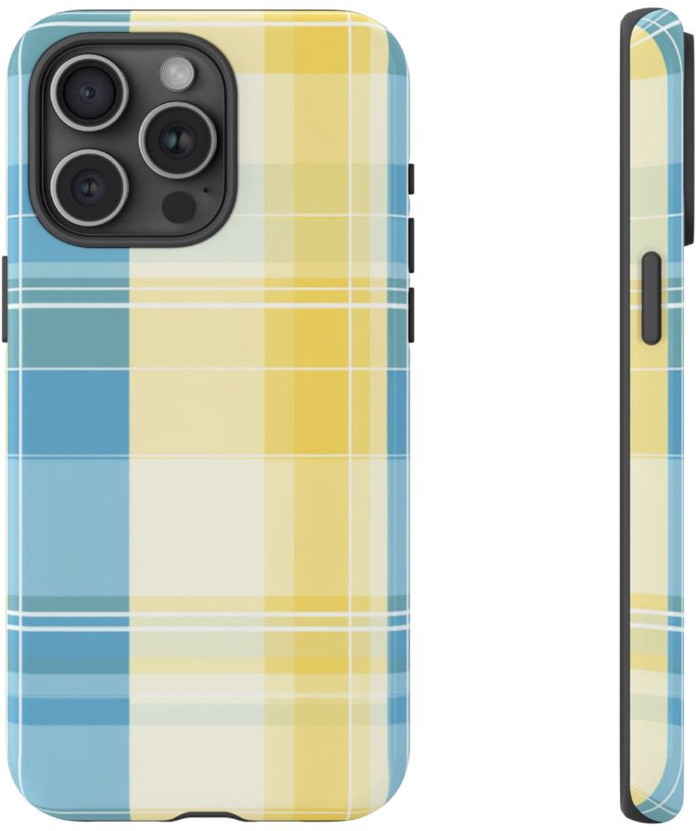 Ocean Blue en Geel Geruit Patroon – Telefoonhoesje Geschikt voor iPhone 15 Pro Max