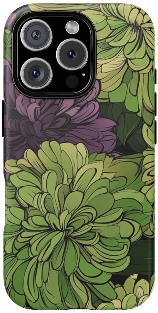 Groen-Paarse Chrysantenprint – Telefoonhoesje Geschikt voor iPhone 16 Pro