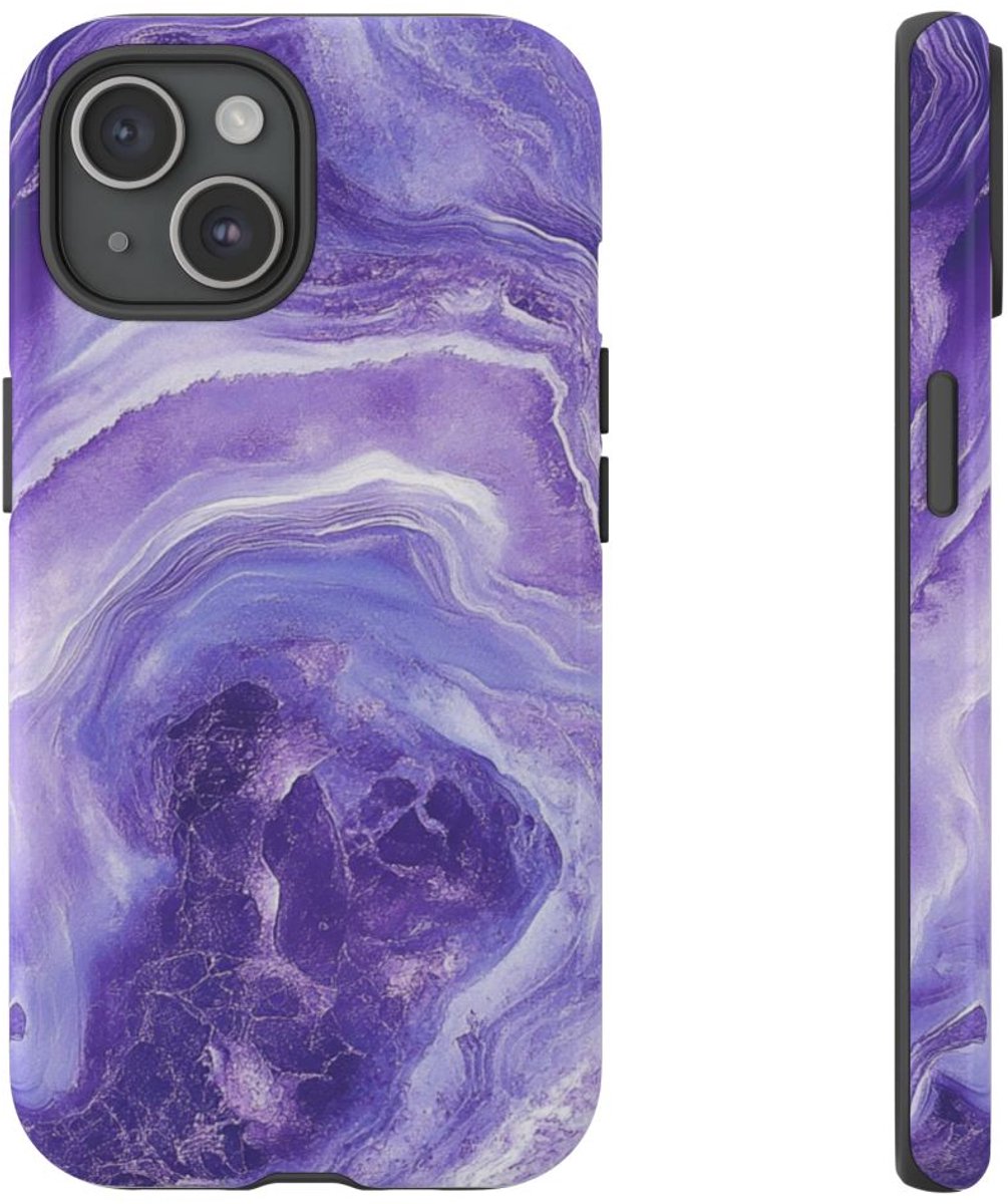 Paarse Marmerstructuur – Glanzend Stevig Hoesje Geschikt voor iPhone 15