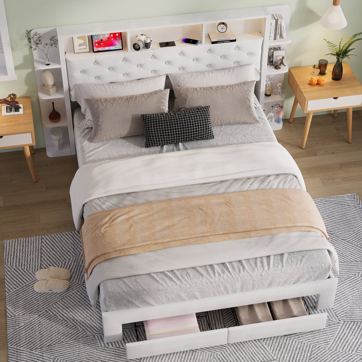 Gestoffeerd bed 160 x 200 cm met led en USB, tweepersoonsbed met hoofdeinde met open vakken, 2 lades, voor jongeren en volwassenen, beige fluweel (zonder matras)