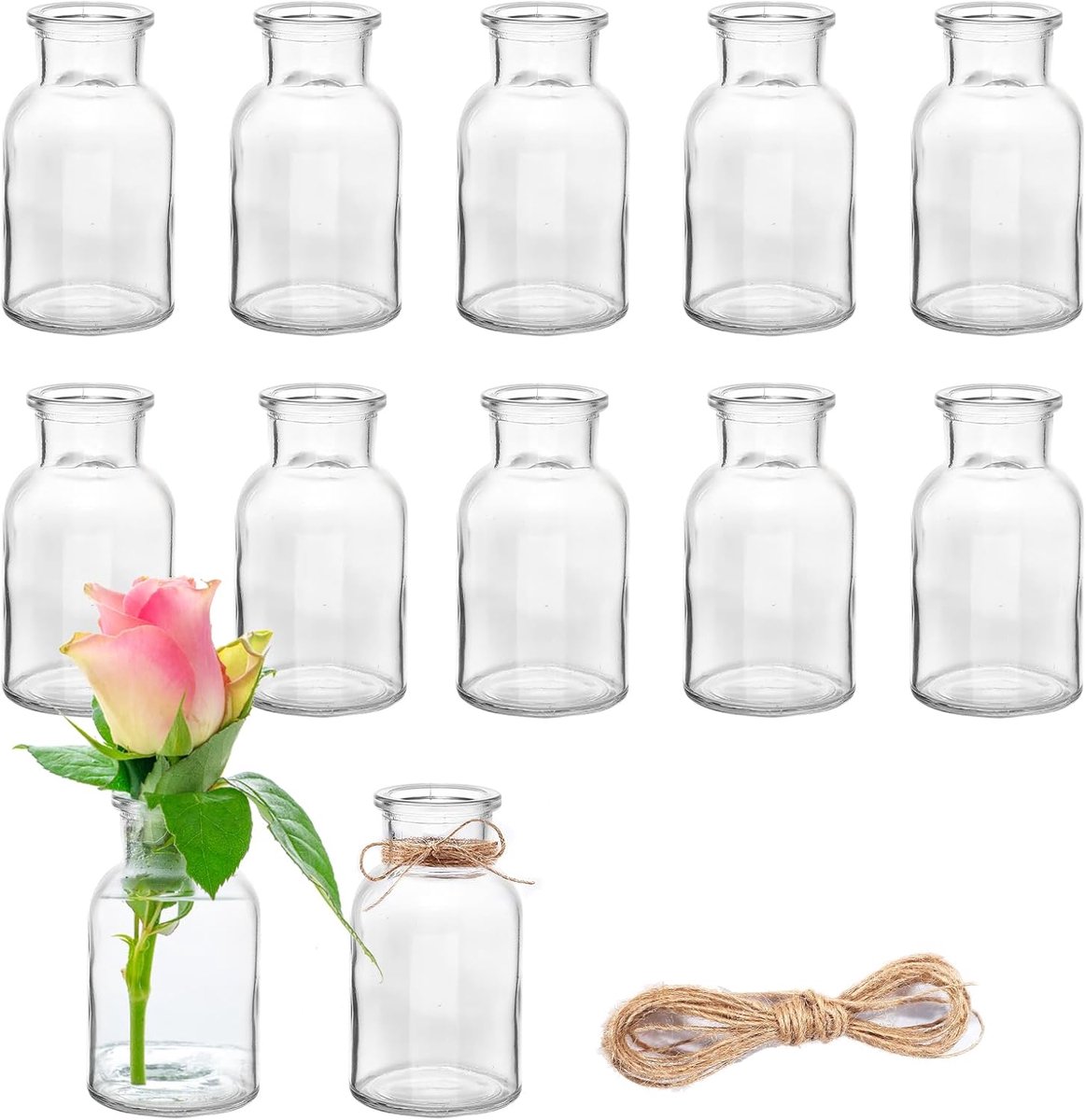 Famanu - Glazen mini-vazen, 125 ml kleine vazen met jute koord, bloemenvazen, tafelvazen, glazen vazen, decoratieve flessen, glazen flesjes voor tafeldecoratie, middenstukken, bruiloftsdecoraties