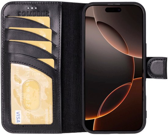 Étui en cuir iPhone 16 Pro - Solidenz Bookcase Étui en cuir iPhone 16 Pro - Cuir véritable - Étui téléphone avec porte-cartes - Étui en cuir pleine fleur - Noir