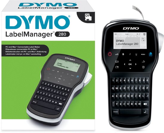 DYMO LabelManager 280 labelprinter en verpakking met Nederlandstalige tekst en groene accenten.