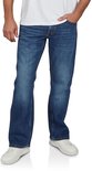 Voorkant van een blauwe denim jeans met bootcut pasvorm, gedragen met witte sneakers.
