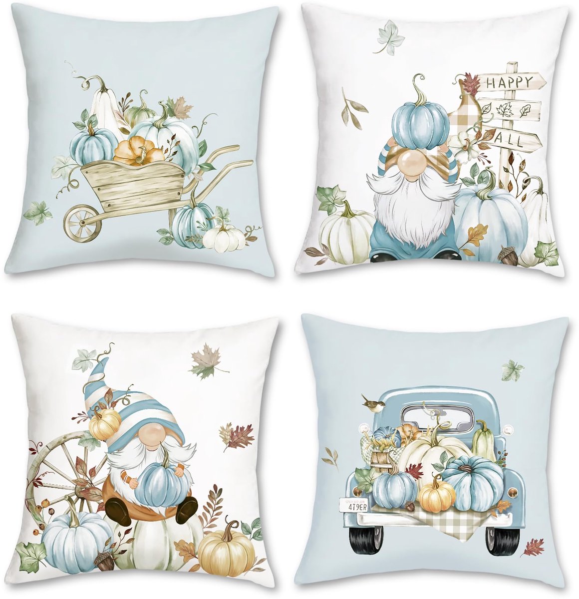 Ibenzoa Herfst Kussenslopen Set van 4 met Pompoen en Bladeren Design voor Huisdecoratie blauw