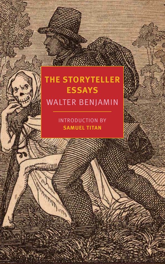De voorkant van het boek 'The Storyteller Essays' van Walter Benjamin, met een gravure van een skelet dat een reiziger vergezelt.