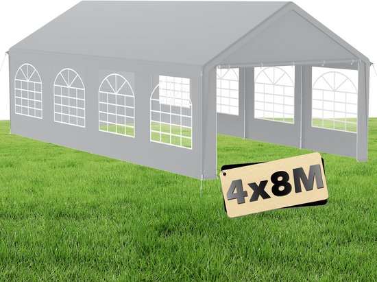Premium partytent paviljoen met zijpanelen, waterdichte tuintent, grote tent, compacte tent, shelter, PE dak, 4 x 8 m - Grijs