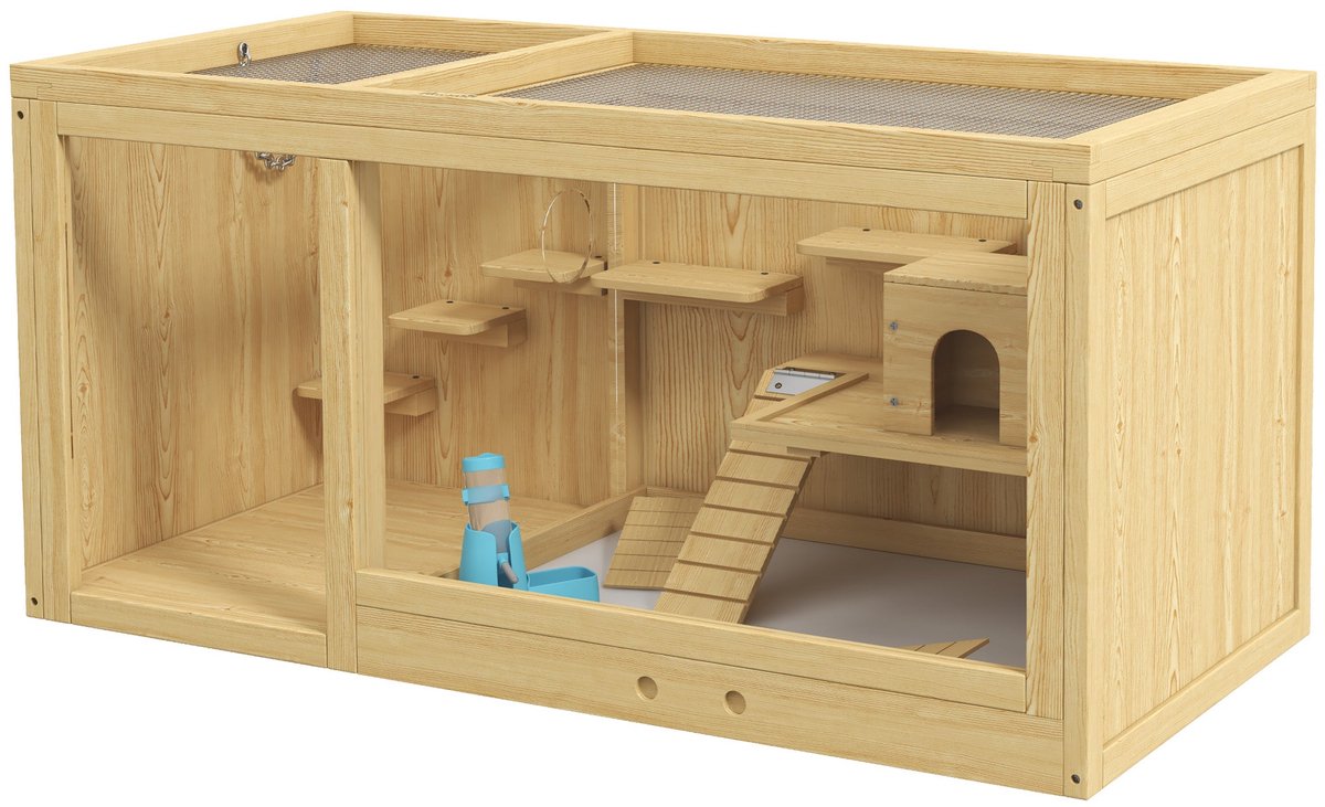 Merax Houten Hamsterkooi 100x50x50 cm – Speelhuis voor Hamsters en Gerbils met Schommel - Houten Huisje - Trappen en Openklapbaar Dak