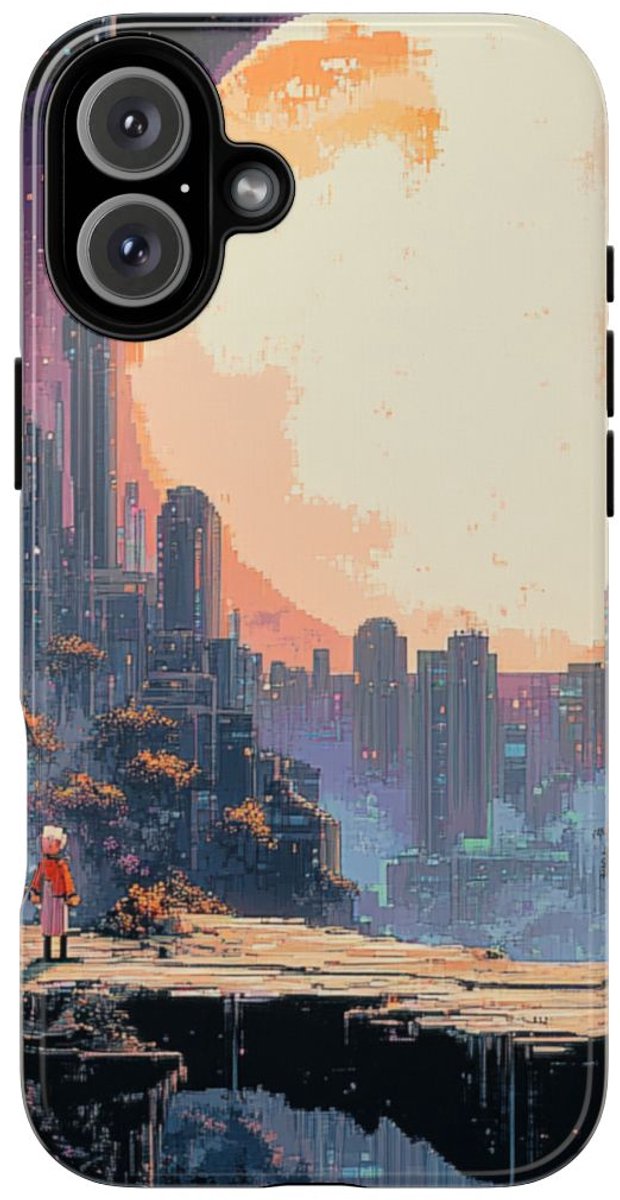Pixel Art Stadsgezicht met Grote Maan – Telefoonhoesje Geschikt voor iPhone 16 Plus